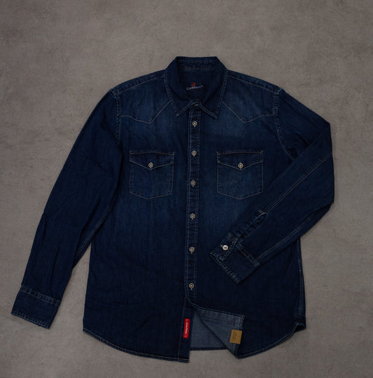 Camicia texana in denim blu scuro con stampa posteriore