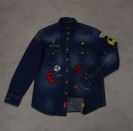 Camicia texana in denim blu scuro con rotture e ricami