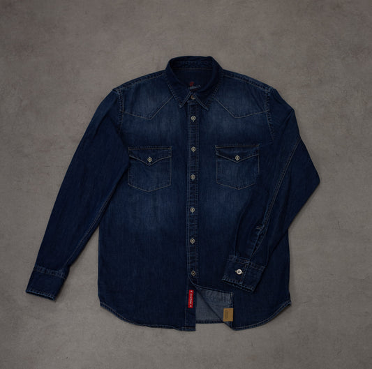 Camicia texana in denim blu scuro con stampa posteriore